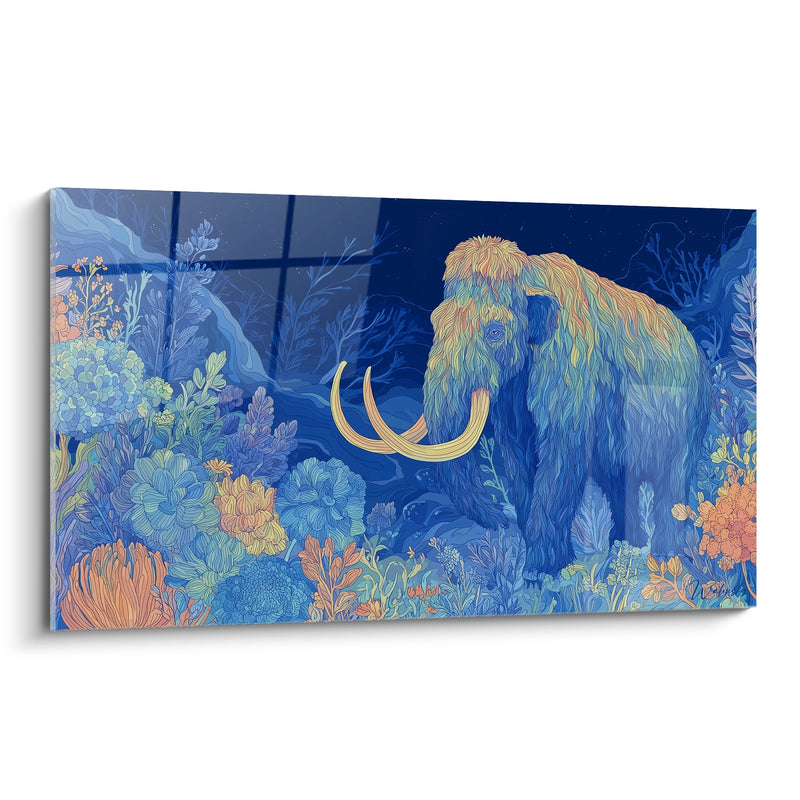 Woolly Mammoth in Floral Garden Painting - Blue Dreamlike Vision - Woolly Mammoth Edition
