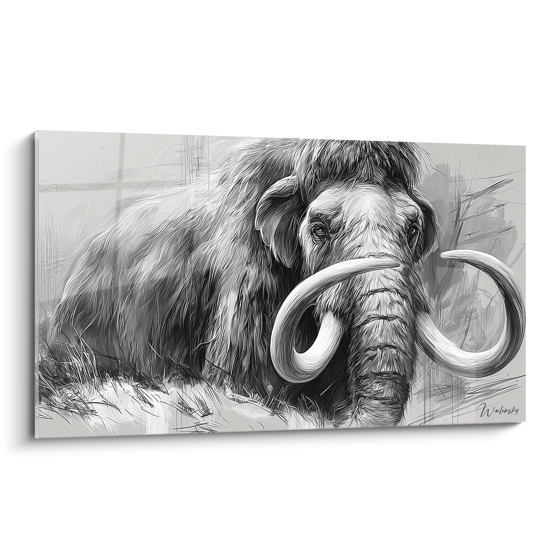 Tableau mural mammouth laineux noir et blanc avec défenses courbes sur toile moderne