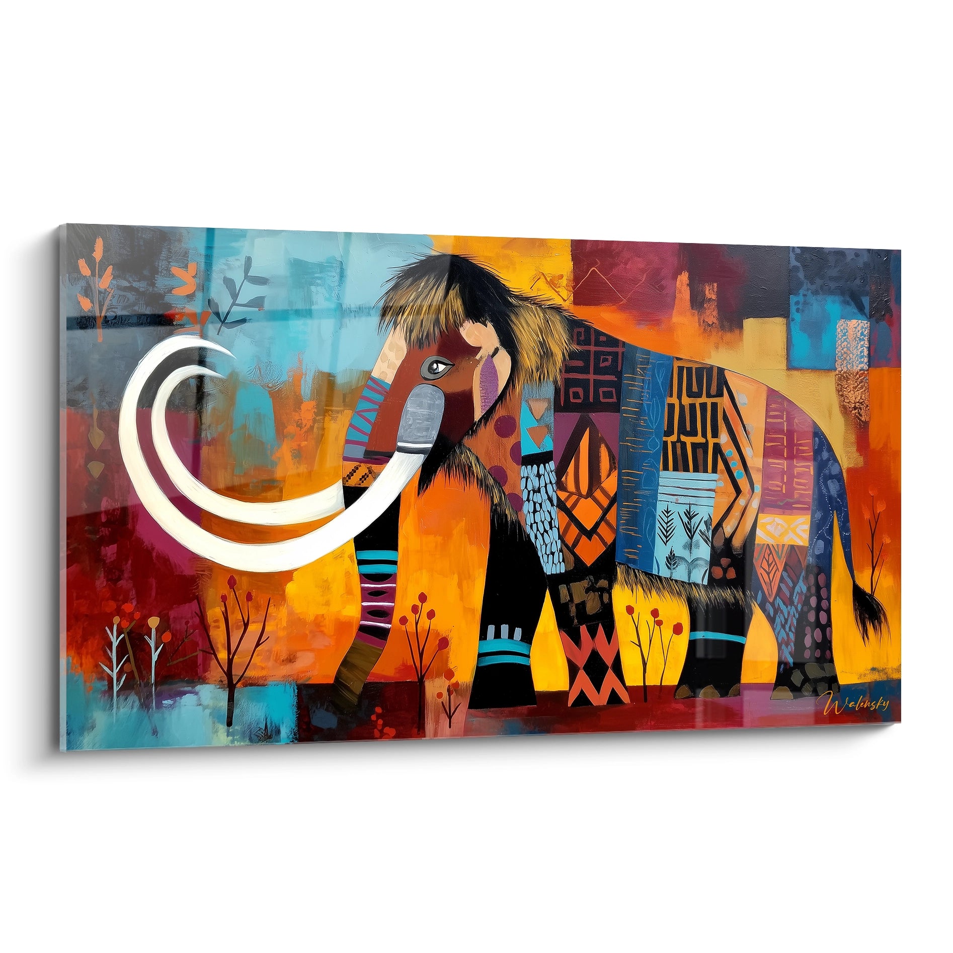 Tableau mural mammouth laineux patchwork géométrique aux couleurs vives oranges et bleues