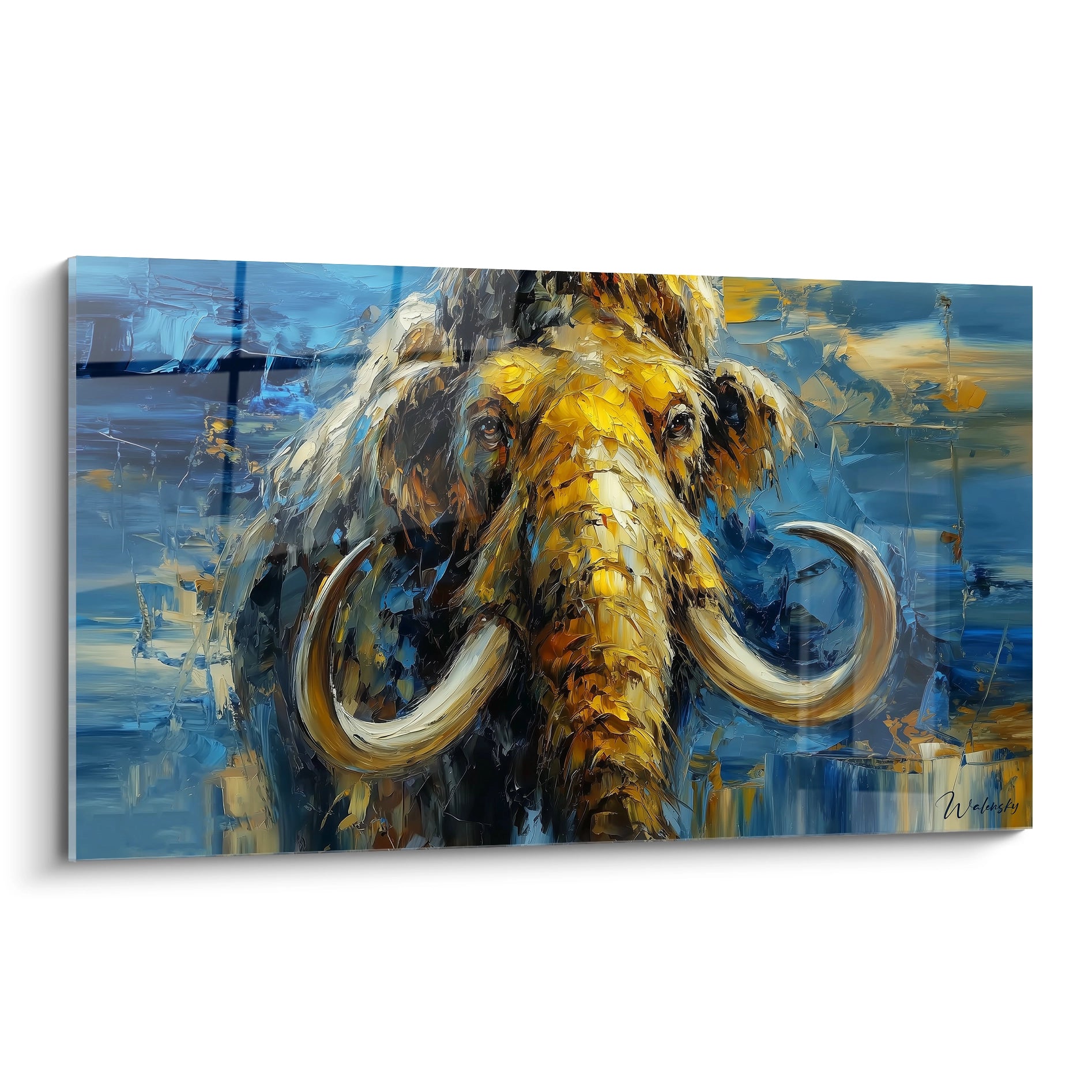 Tableau mammouth laineux aux défenses courbées peinture impressionniste couleurs dorées et bleues
