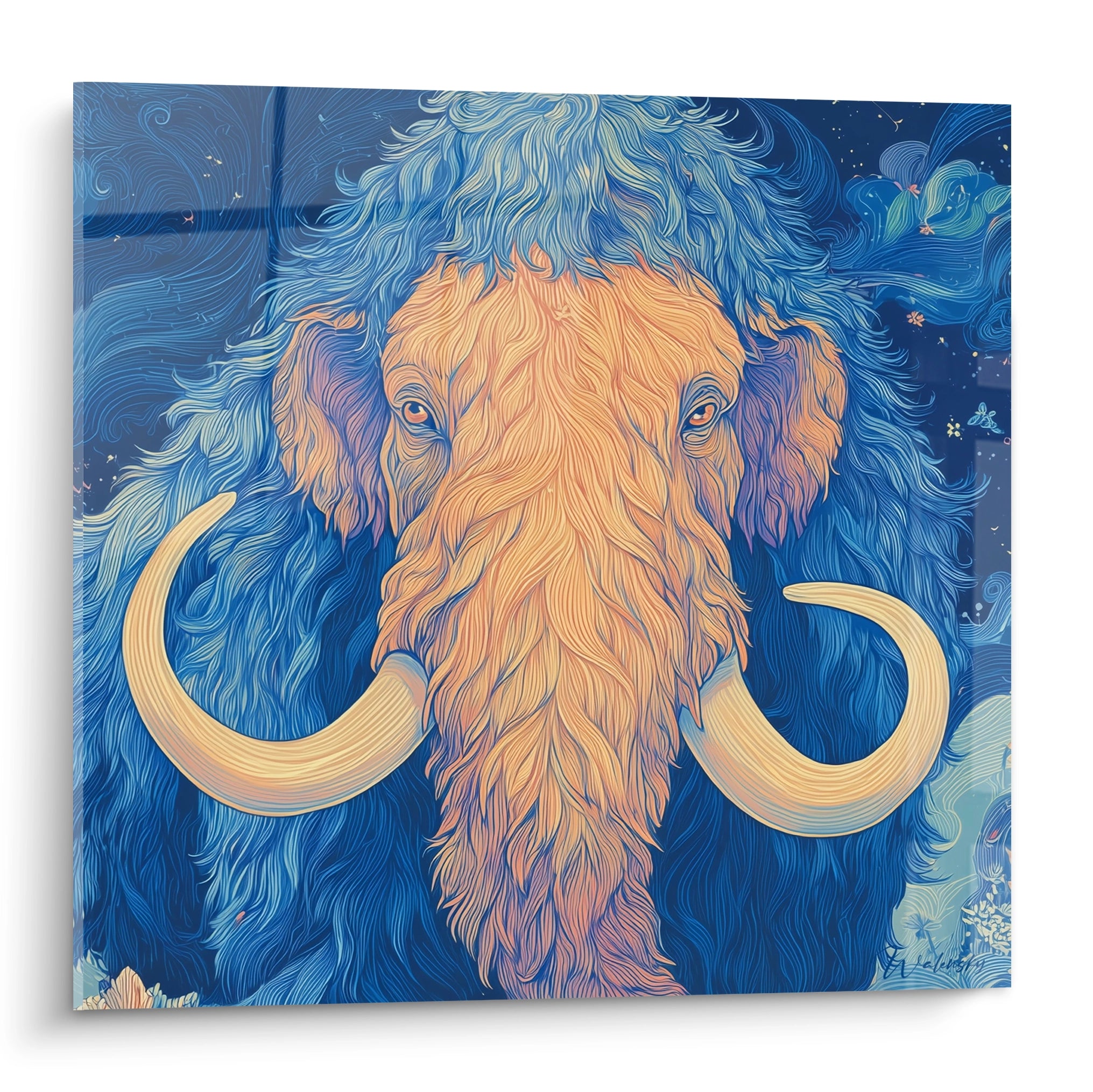 Tableau mammouth laineux style Van Gogh avec tourbillons bleus et fourrure orangée - art mural préhistorique