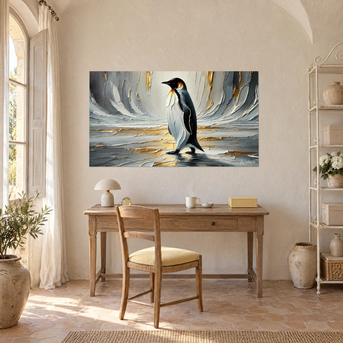 Wall art palette-knife painting, steel-grey and pearly white penguin, gold highlights, hung above a wooden desk