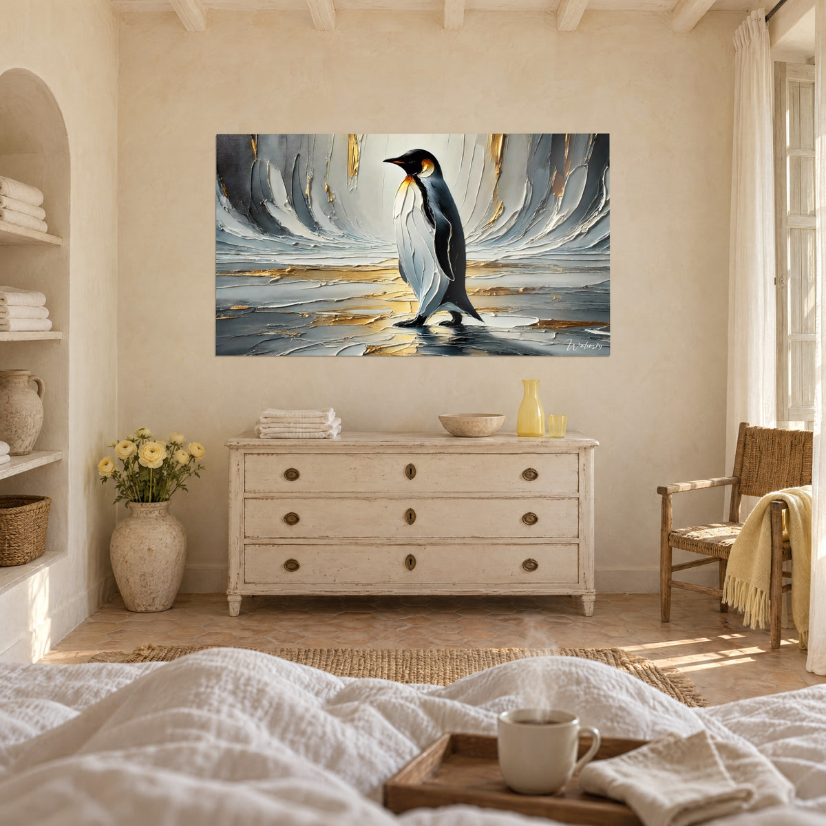 Wall art silhouette of a black and white penguin, palette-knife strokes in silver and gold, above a bed in a bright bedroom