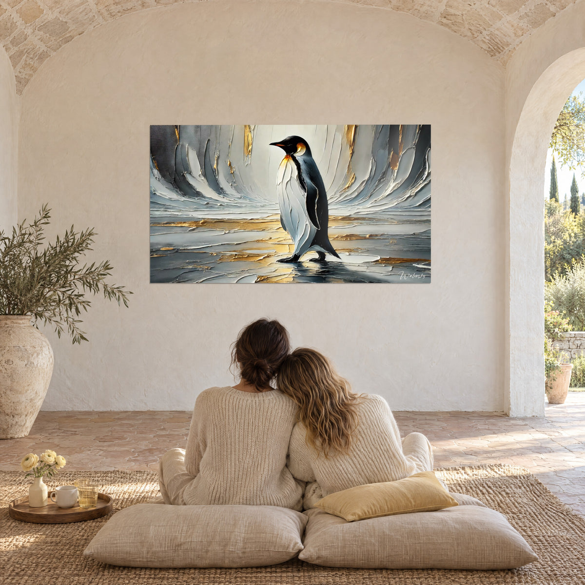Wall art penguin's orange beak against silver and gold reflections, two people embracing from behind, Provençal farmhouse