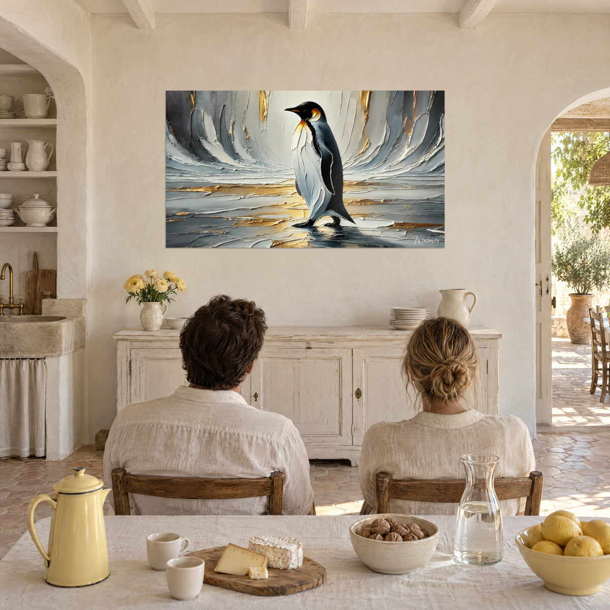 Wall art Antarctic animal with an orange collar, grey and gold ice, couple seated from behind in a bright Provençal living room