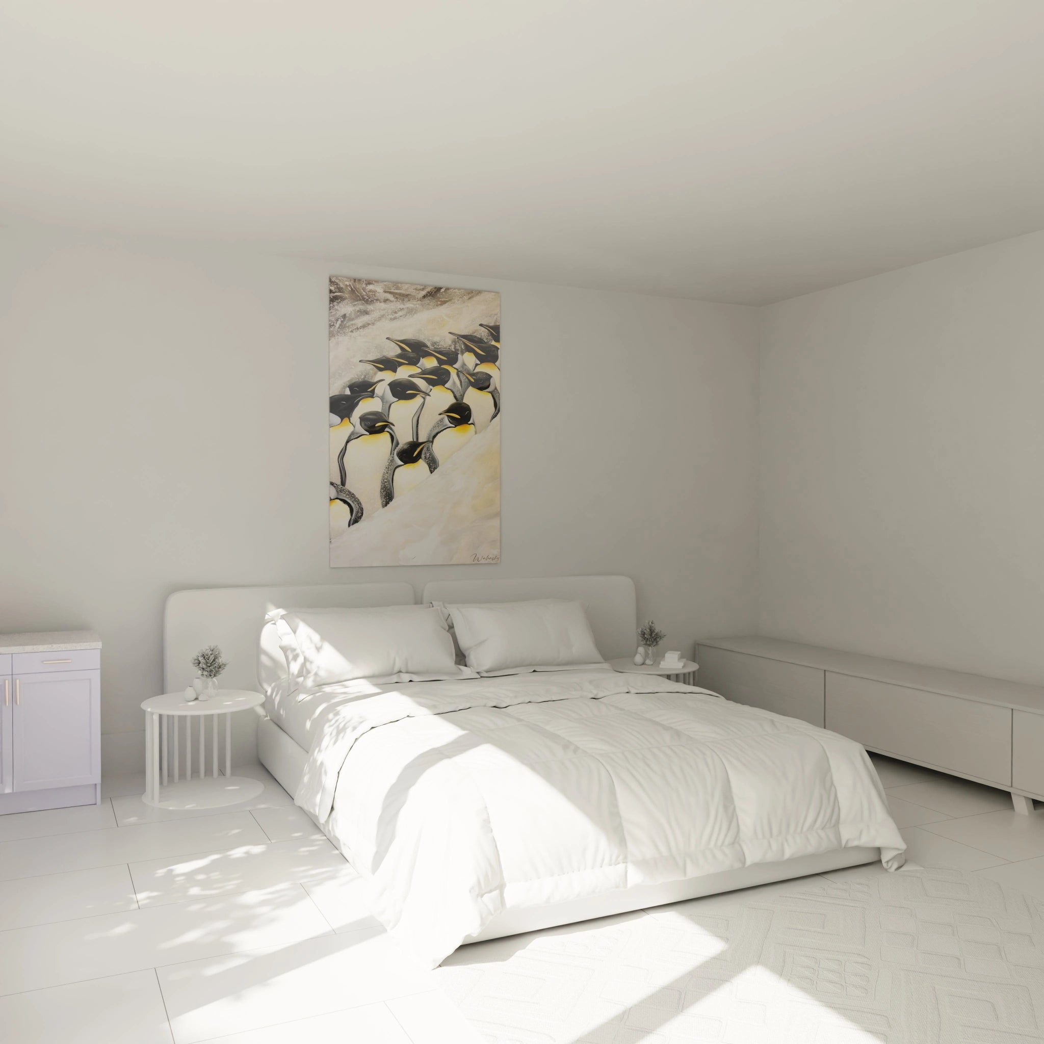 Tableau manchot Walensky représentant un groupe de manchots au-dessus d'un lit dans une chambre lumineuse