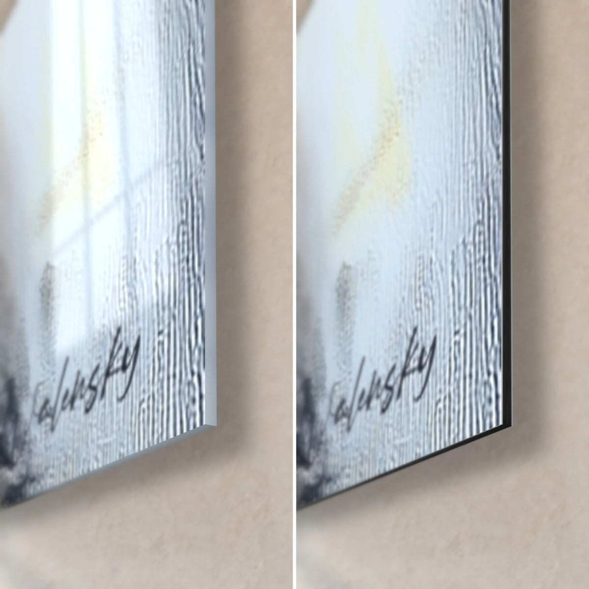 Obraz pingwiny cesarskie, prawy dolny róg: błyszczące szkło akrylowe z refleksami, matowe czarne aluminium Dibond, sygnatura Walensky, krawędź 3 mm