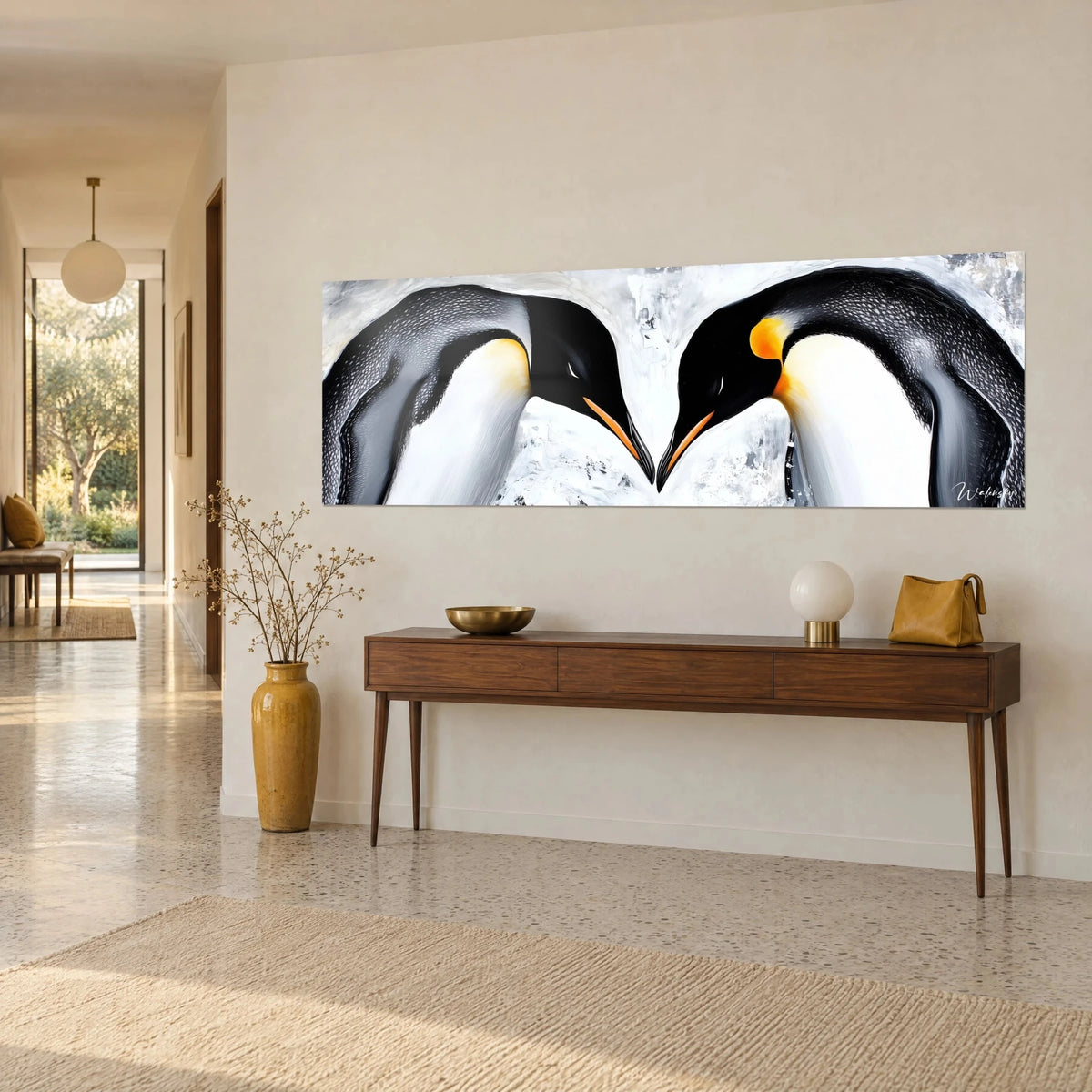 Tableau couple de manchots front contre front, joues jaune safran sur fond de givre gris, dans un couloir années 50