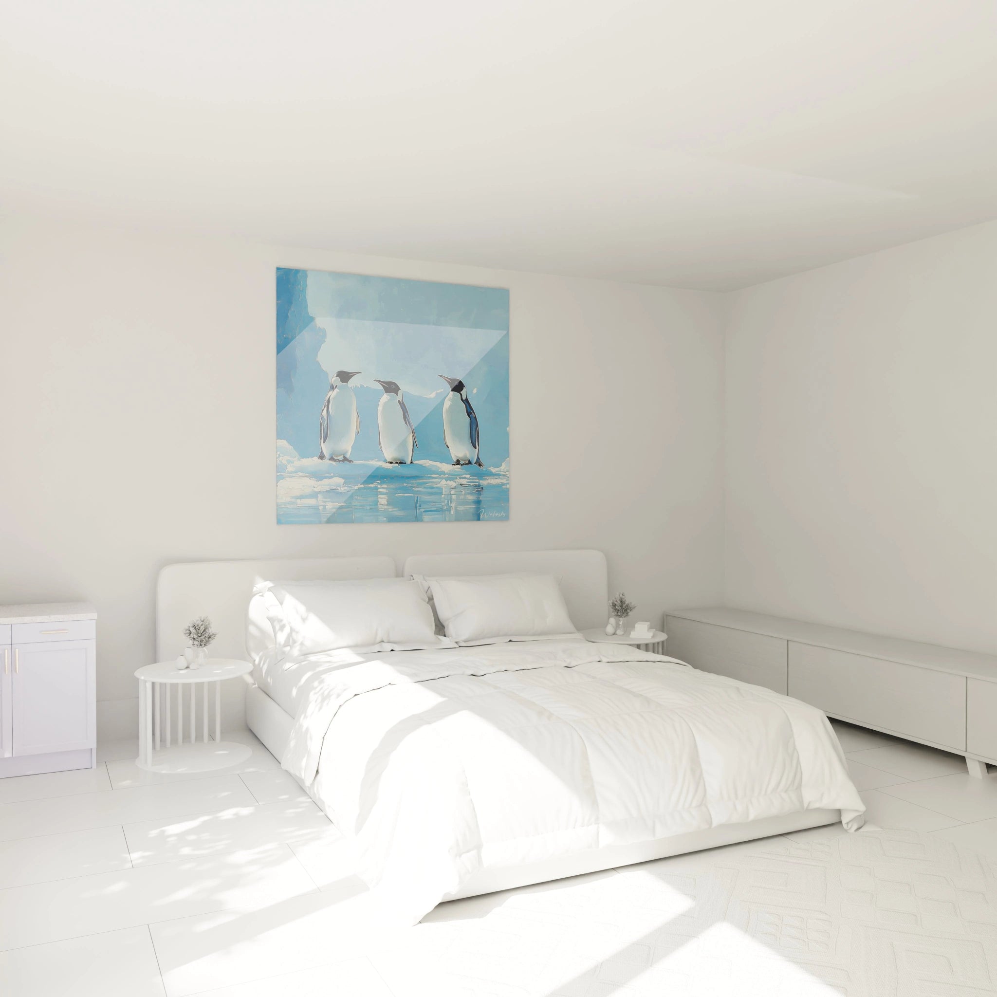 Tableau manchot Walensky représentant trois manchots sur fond bleu accroché dans une chambre moderne blanche