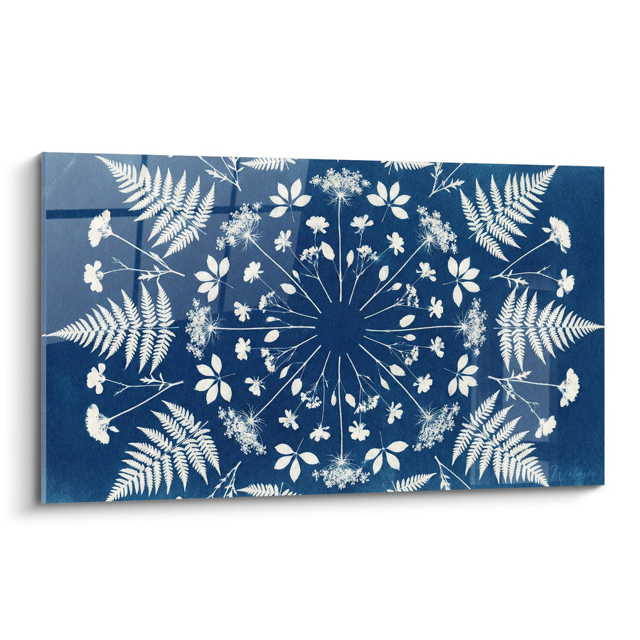 Tableau Botanique Bleu et Blanc Motifs Végétaux Symétriques - Harmonie Florale - Edition Mandala