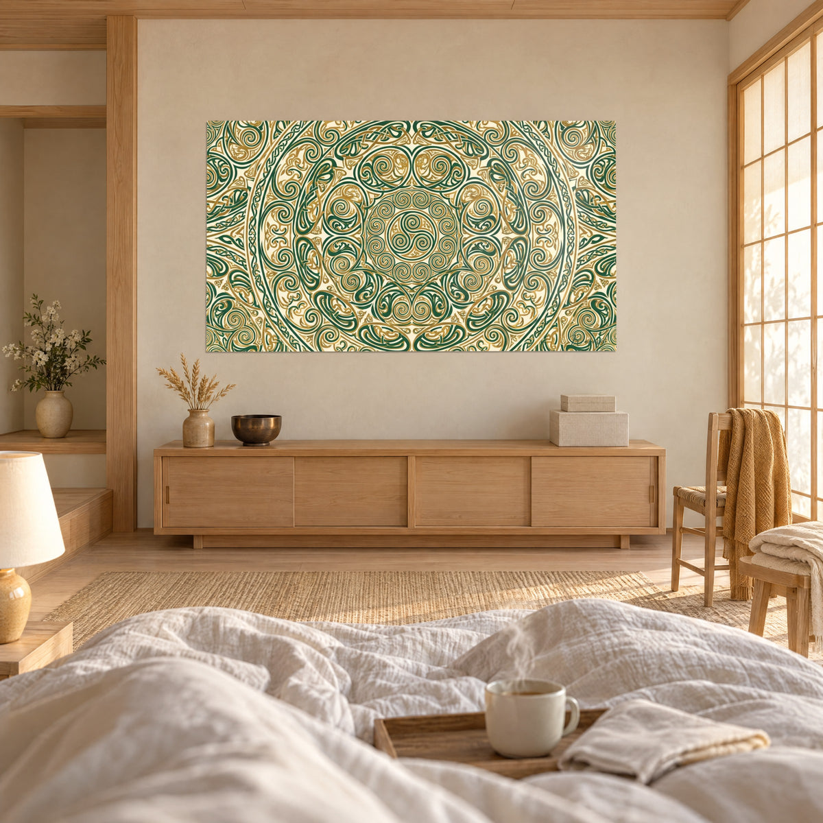 Gemälde mit keltischem Ornament aus grün-smaragdenen und goldenen Voluten, gegenüber einem Bett mit hellen Laken, helles Schlafzimmer