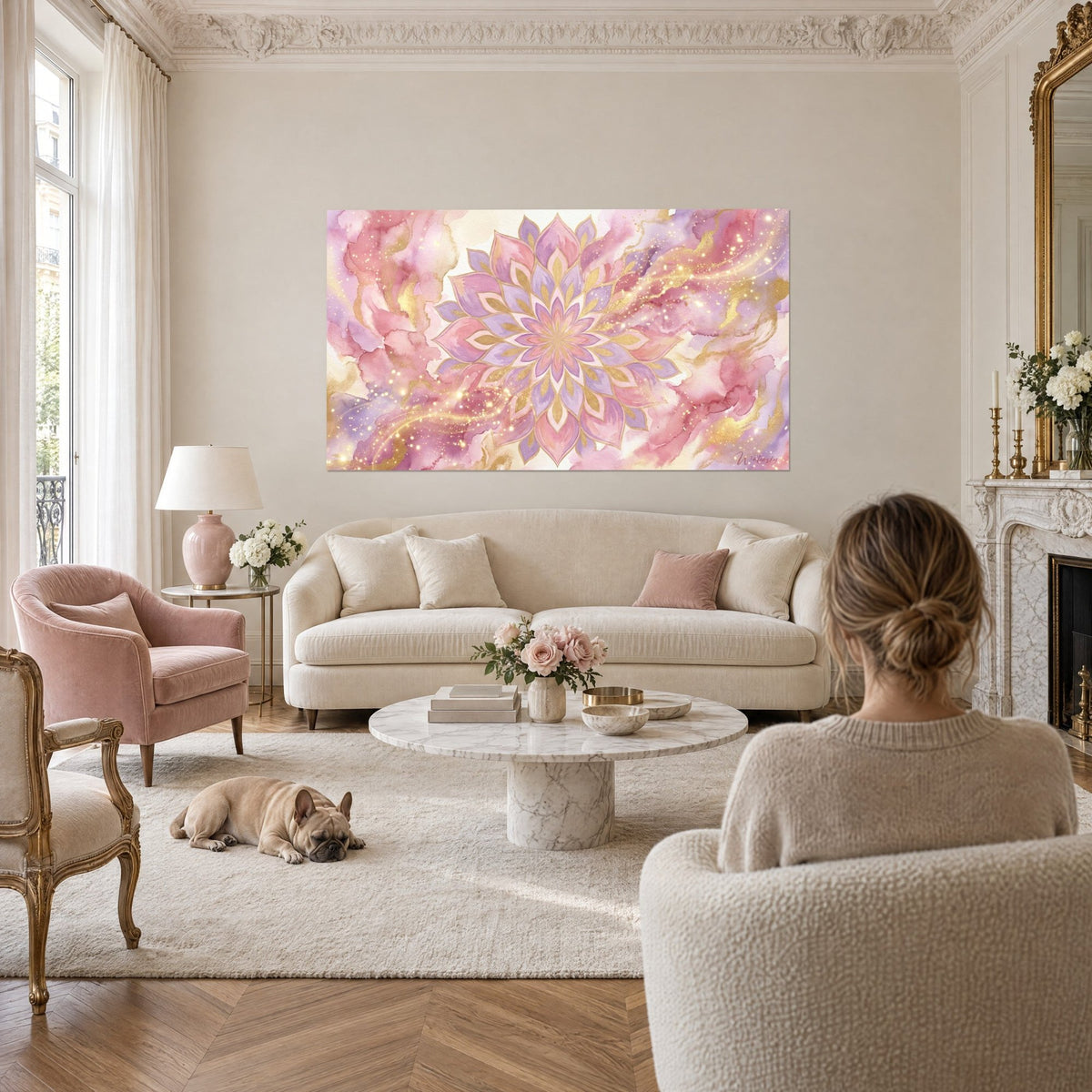 Wall art with a pink and lavender floral mandala with gold sparkles, woman seen from behind and bulldog, above a sofa in a bright living room