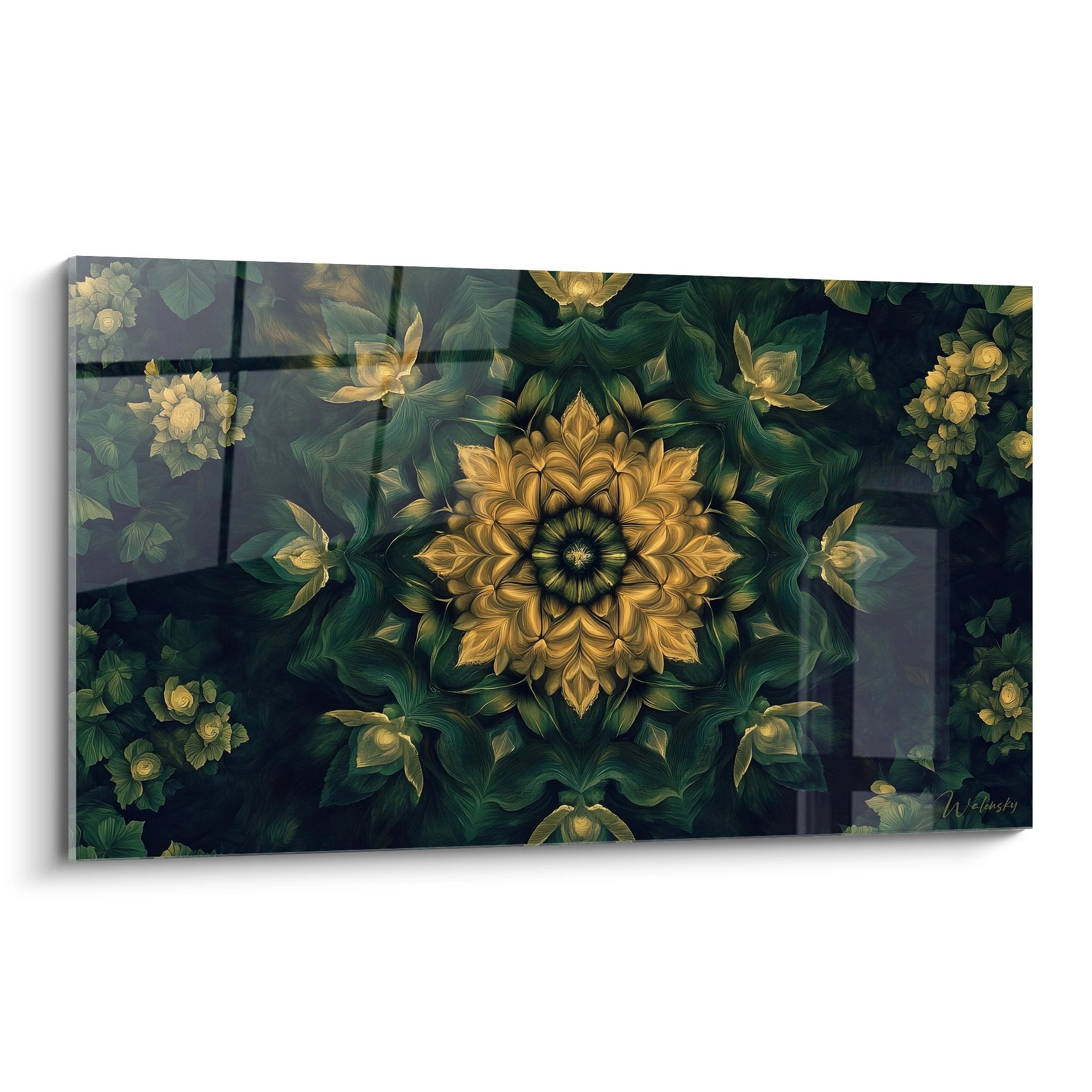 Tableau mural mandala floral doré avec motifs fractals et feuillage vert profond