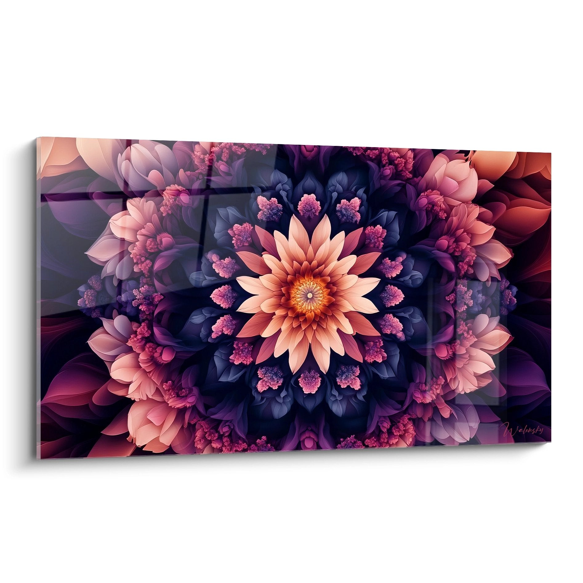 Tableau mural mandala floral fractal aux motifs géométriques rose violet orange