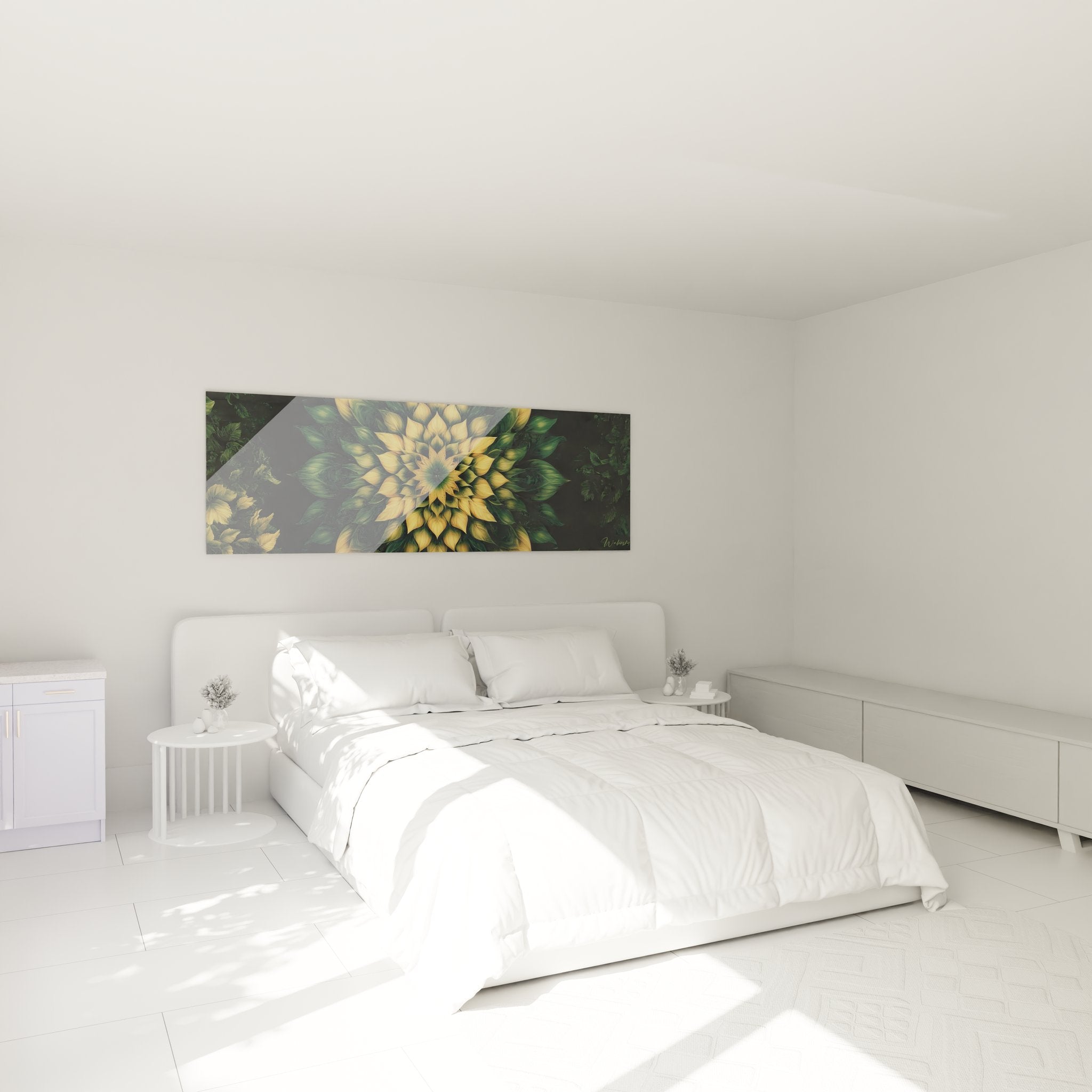Ambiance chambre avec tableau mandala fractale doré créant une décoration zen