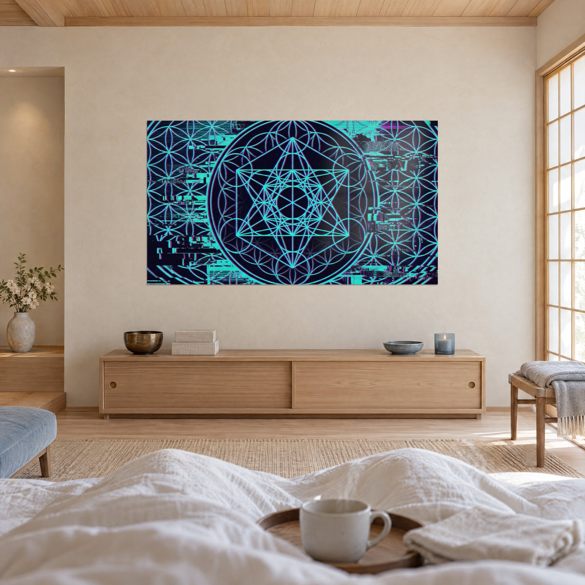 Wall art neon mandala in turquoise and violet on a night background, central hexagram, signature at the bottom, above a bed in a bright bedroom