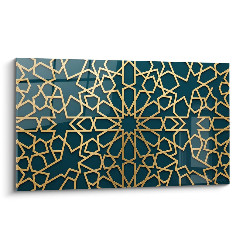 Quadro Motivi Geometrici Dorati su Fondo Blu-Verde - Armonia Orientale - Edizione Mandala