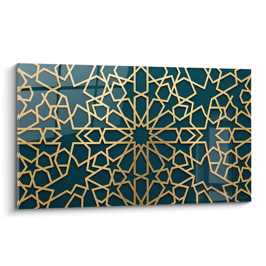 Tableau Motifs Géométriques Dorés sur Fond Bleu-Vert - Harmonie Orientale - Edition Mandala