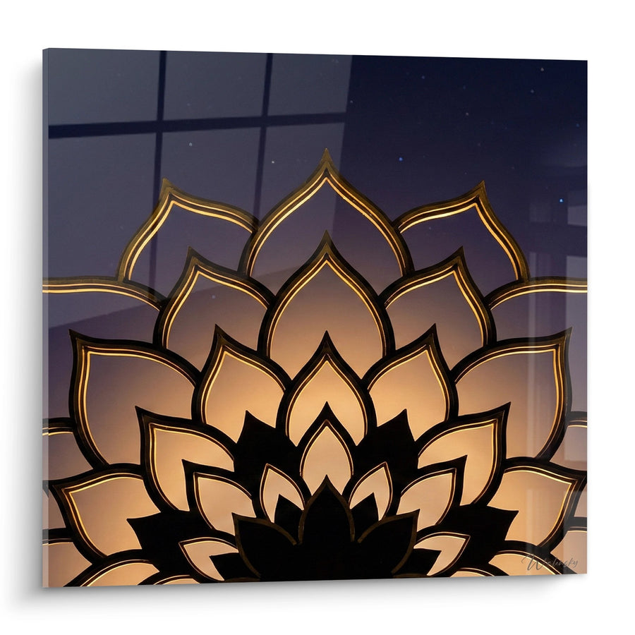 Tableau Fleur de Lotus Dorée sur Ciel Étoilé - Sérénité Nocturne - Edition Mandala