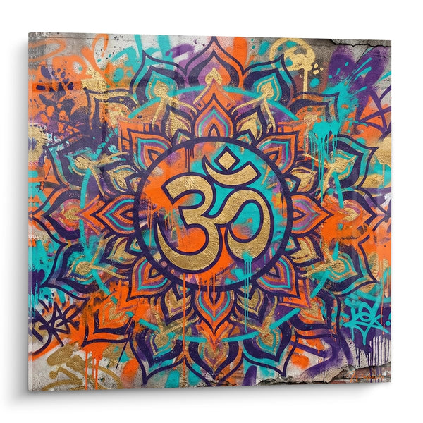 Cuadro Mandala Om Dorado sobre Fondo Graffiti Turquesa y Naranja - Espiritualidad Urbana - Edición Mandala