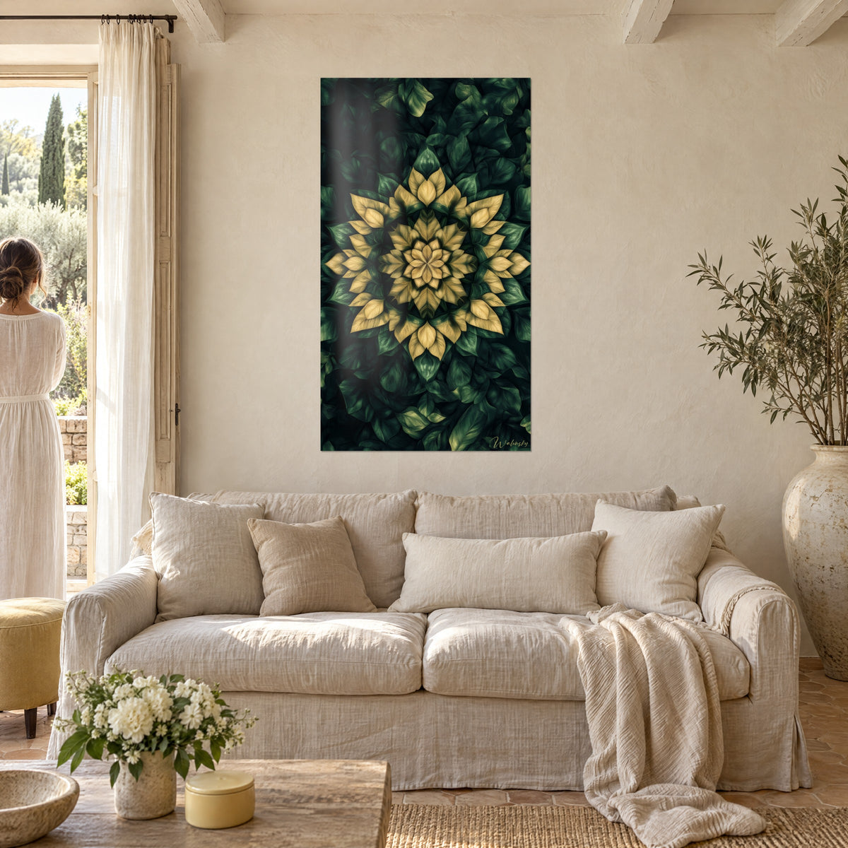 Cuadro mandala de hojas ocre y verde esmeralda, pétalos dorados simétricos, encima de un sofá en un salón luminoso