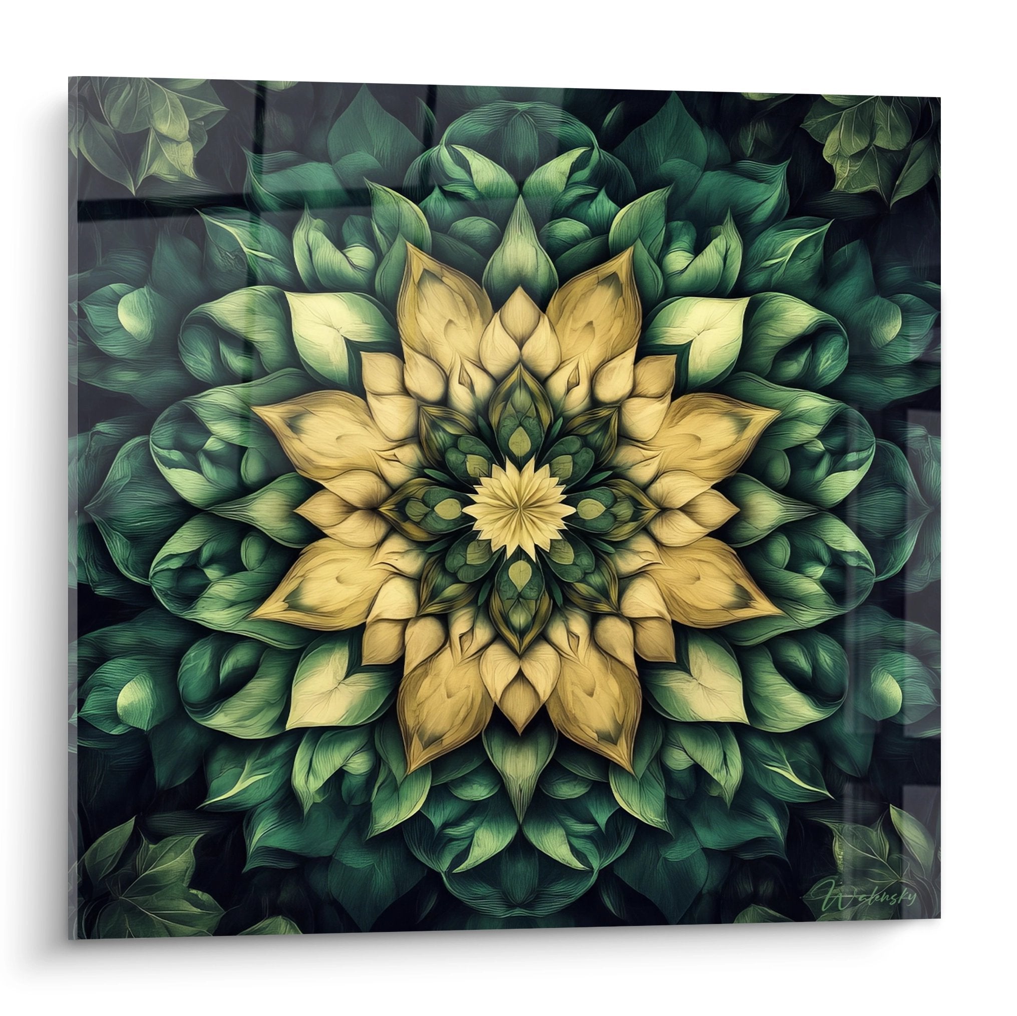 Tableau mural mandala végétal fractale aux motifs dorés et verts symétriques pour décoration zen