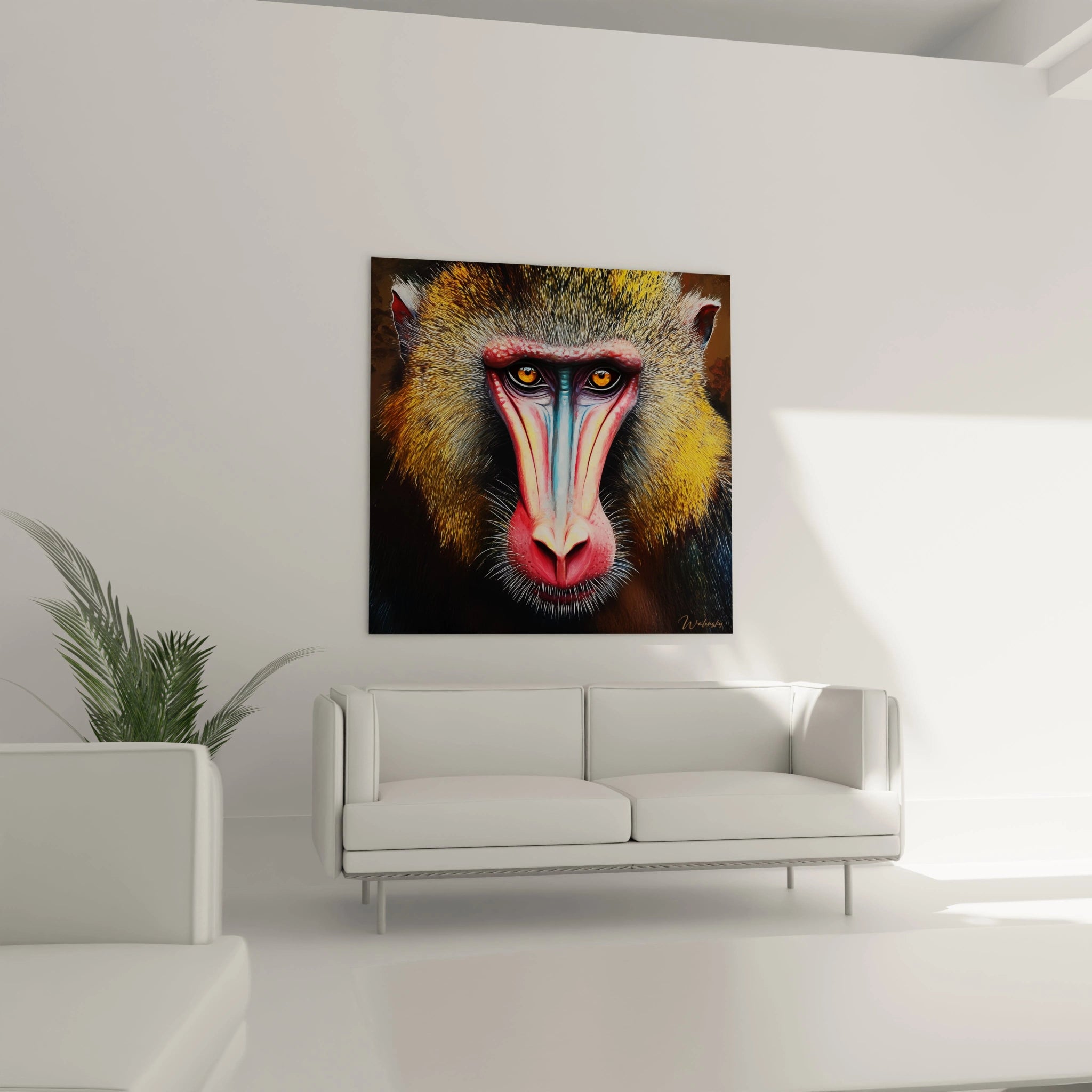 Tableau singe coloré Walensky accroché au-dessus d'un canapé blanc dans un salon moderne
