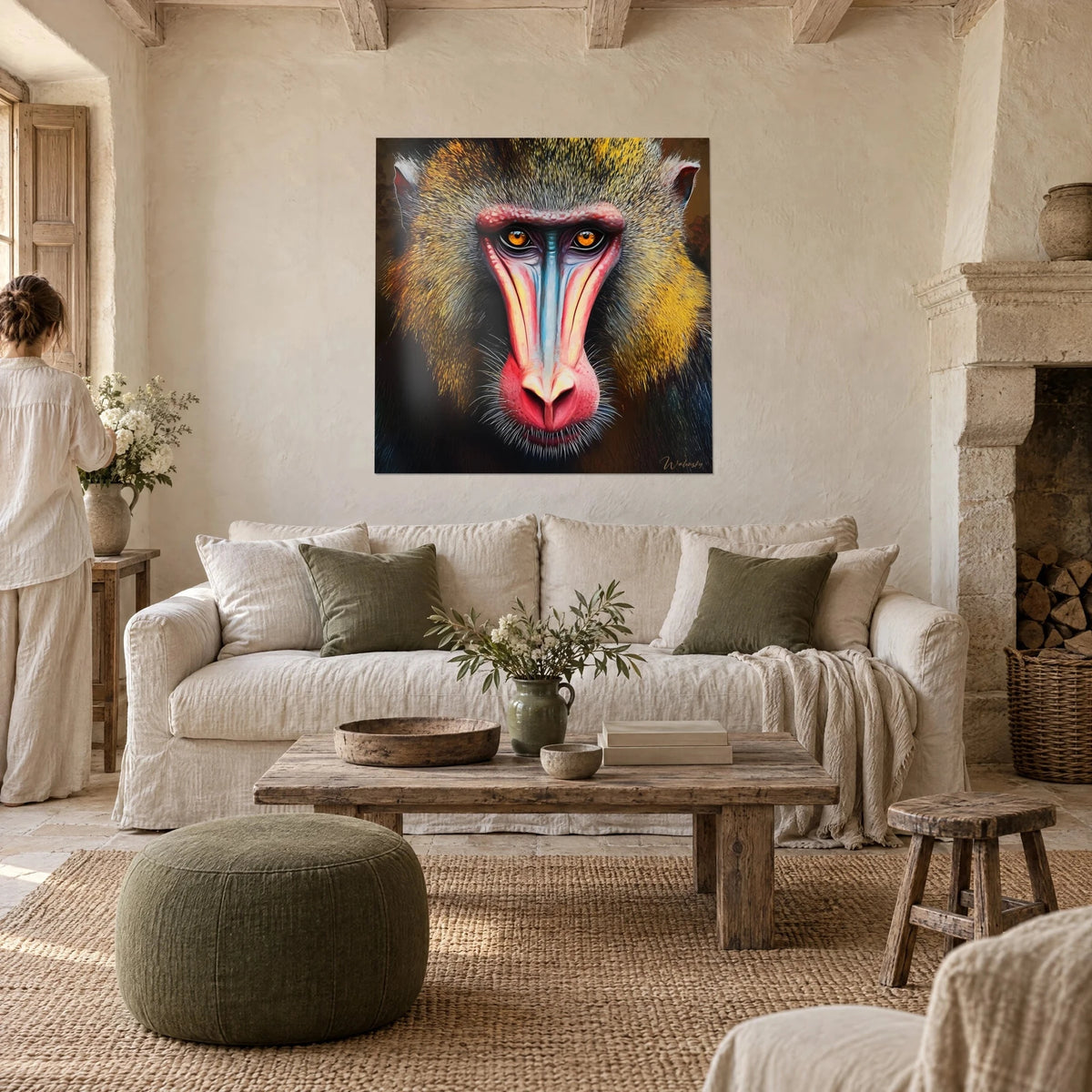 Gemälde Mandrill mit rotem und blauem Gesicht, senfgelbe Mähne, über einem Sofa in einem hellen Wohnzimmer