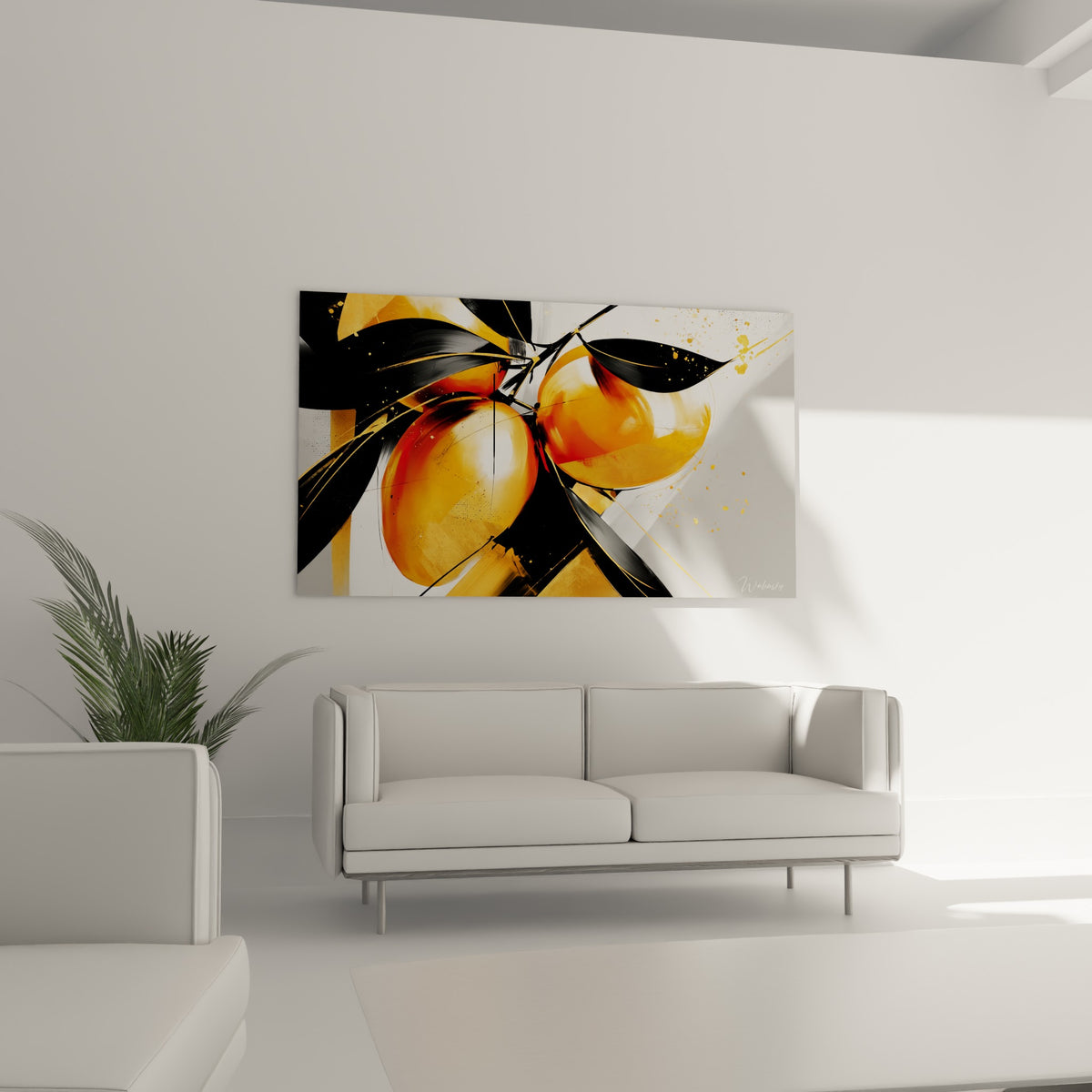 Composition mangue dorée et anthracite disposée au-dessus d'un canapé dans un salon lumineux