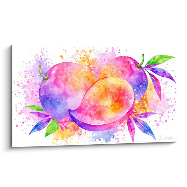 Tableau Mangues aquarelle rose et violette éclaboussées - Feuillage en dégradé - Edition Mangue