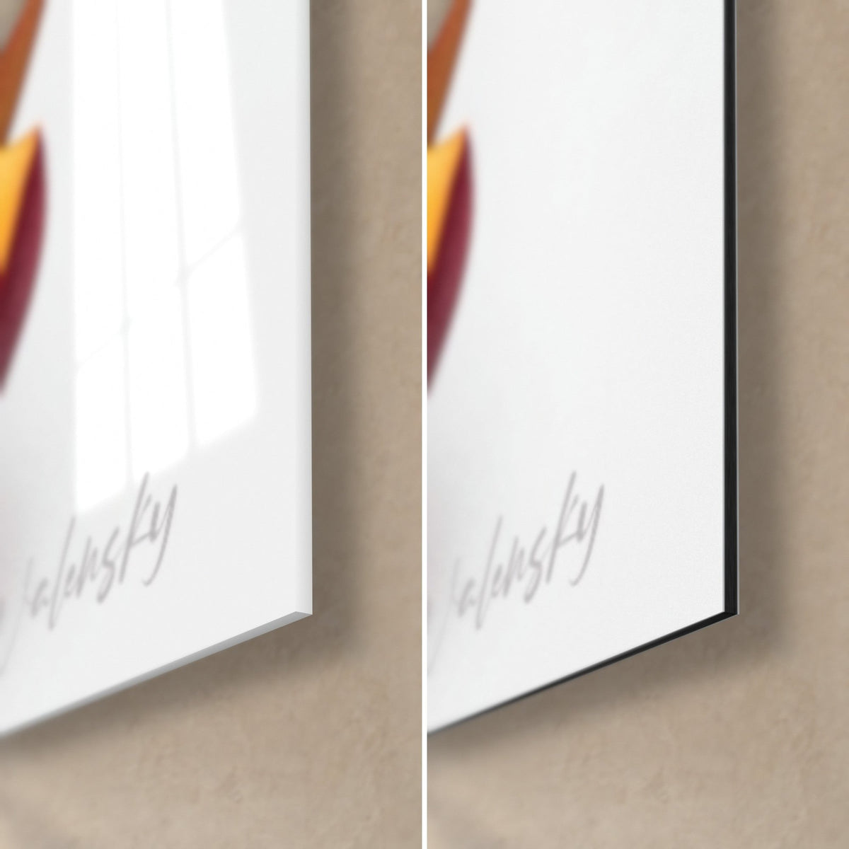 Wall art purple mango with yellow flesh, bottom right corner: glossy acrylic glass on the left, matte Dibond aluminium on the right, 3 mm thick