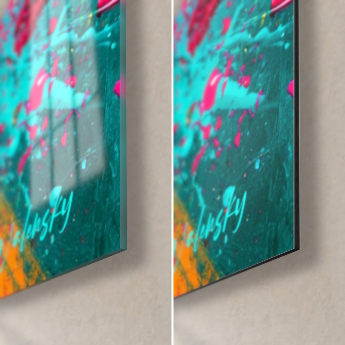 Tableau demi-mangue en damier jaune safran et rose, coin bas droit : verre acrylique brillant à gauche, Dibond mat à droite
