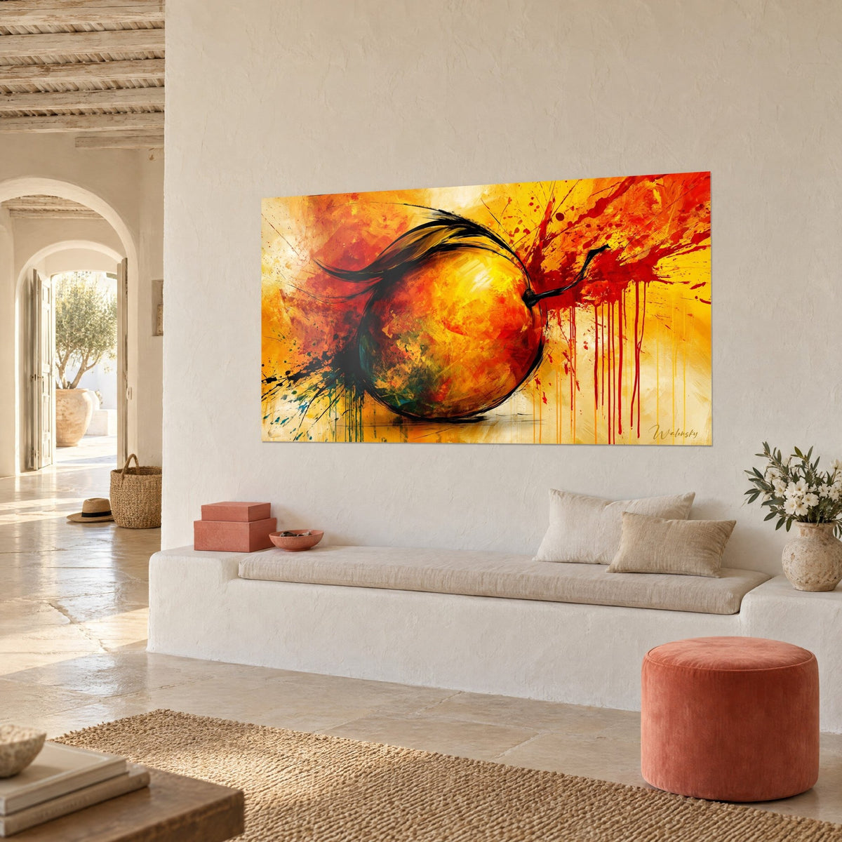 Wall art tropical orange fruit outlined in black, scarlet highlights and red drips, three-quarter view in a Mediterranean house