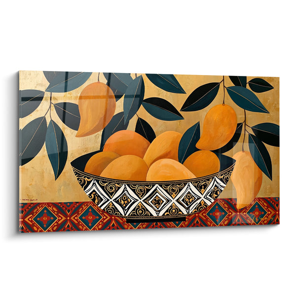 Tableau Coupe orange et noire remplie de mangues - Nappe brodée motifs losanges - Edition Mangue