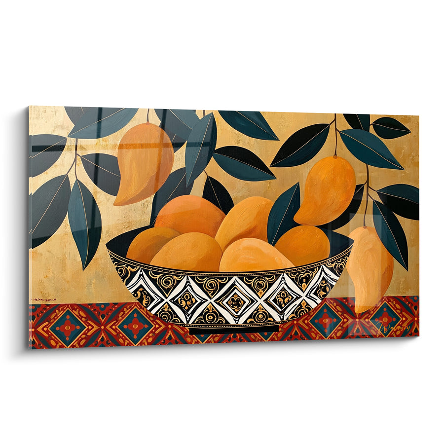 Tableau Coupe orange et noire remplie de mangues - Nappe brodée motifs losanges - Edition Mangue