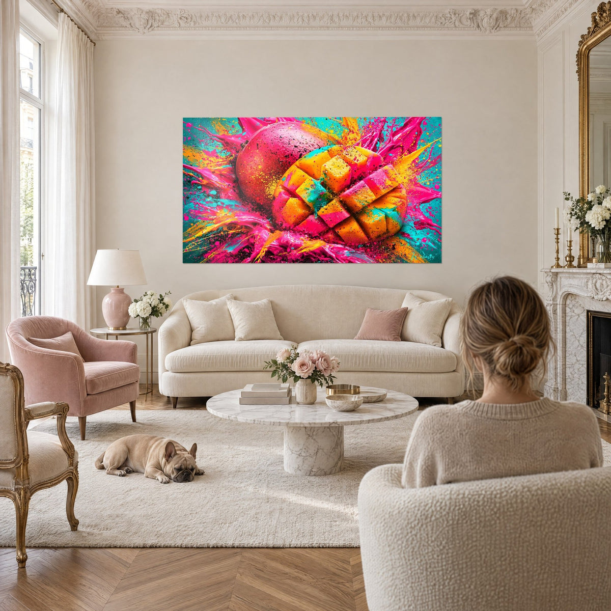 Tableau mangue hérissée de cubes orange et fuchsia, éclaboussures turquoise, femme et bulldog au-dessus d'un canapé dans un salon lumineux