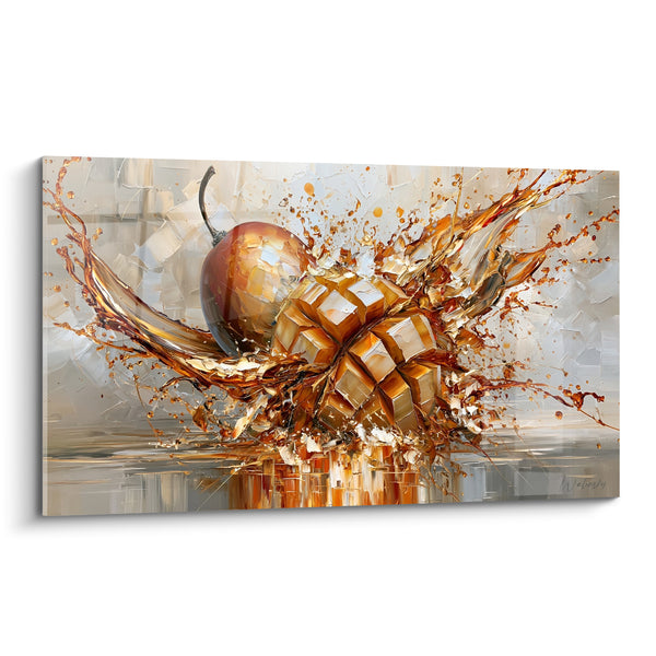 Tableau Mangue découpée en cubes dorés éclaboussants - Éclaboussure gourmande - Edition Mangue