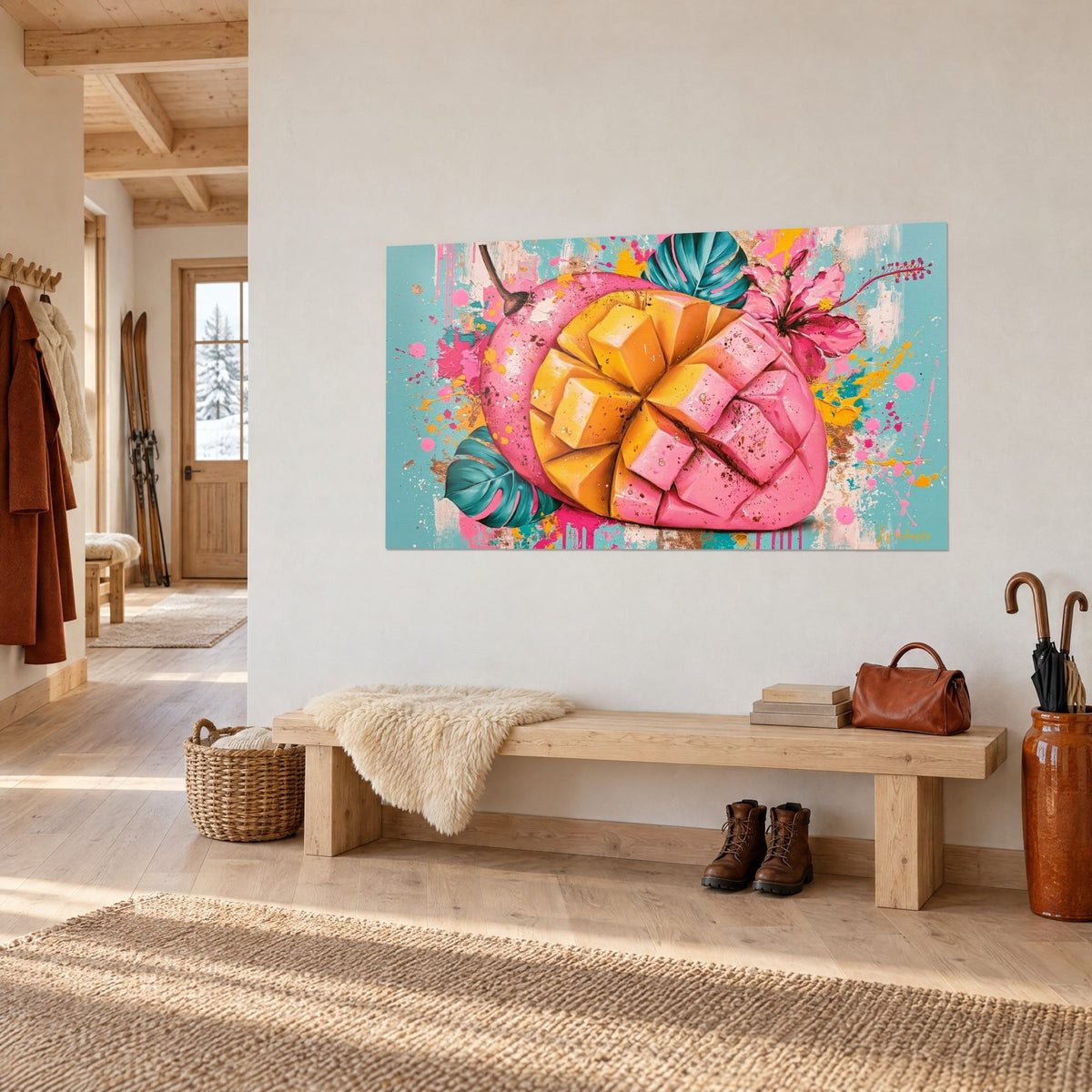 Quadro frutta tropicale tagliata a cubetti rosa e oro su sfondo turchese schizzato, parete bianca dell'ingresso di uno chalet