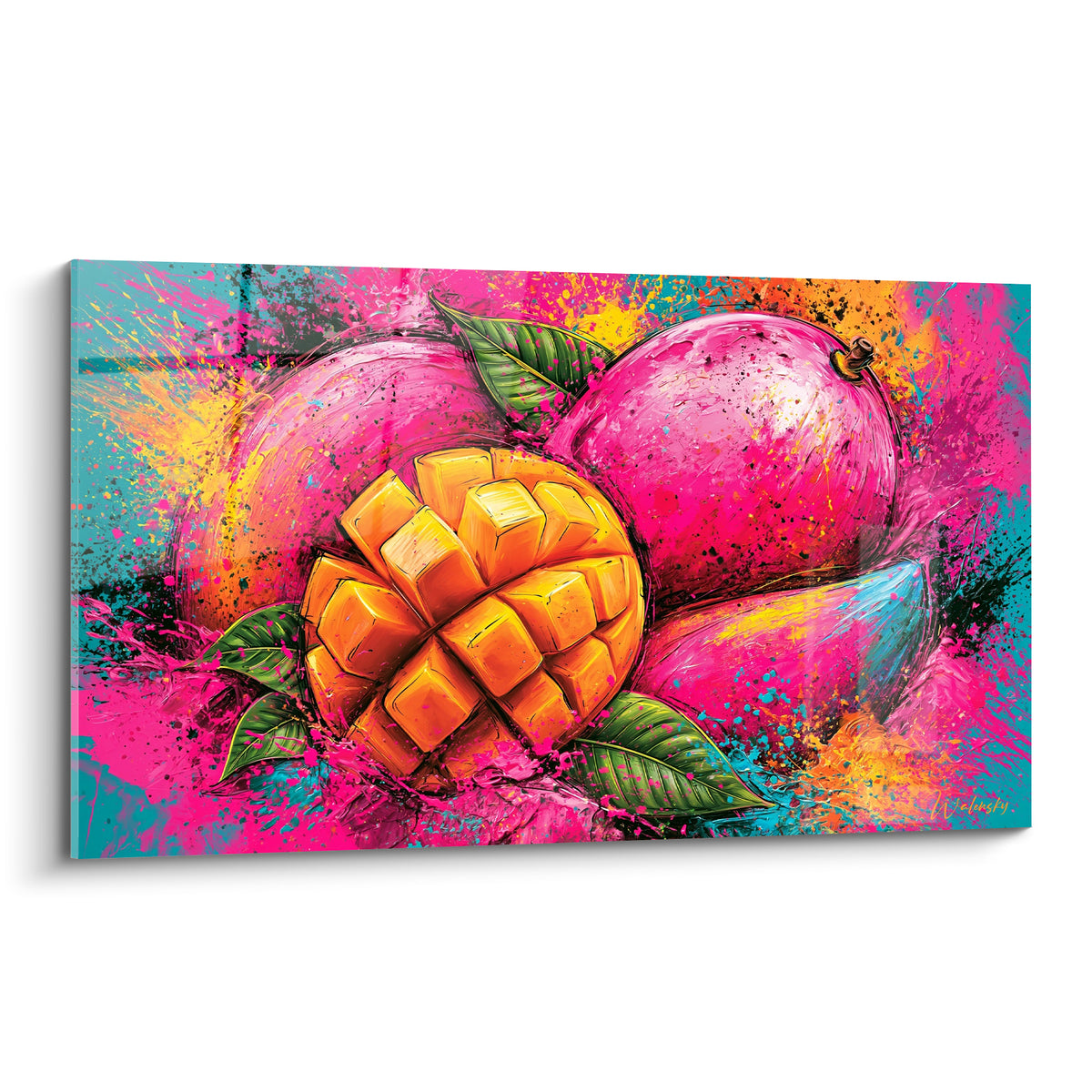 Tableau mangue tranchée en cubes orange et fruits roses éclaboussés sur fond turquoise vibrant