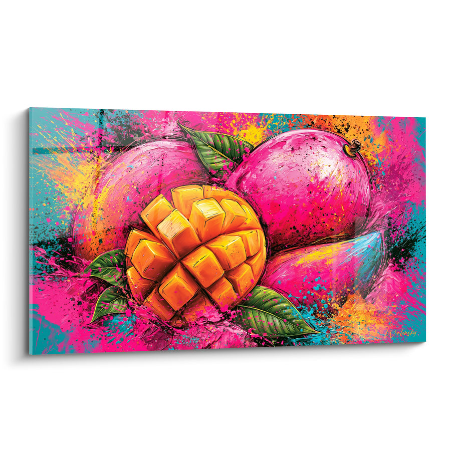 Tableau Mangue entaillée rose fuchsia et orange éclaboussée - Feuillage vert émeraude - Edition Mangue
