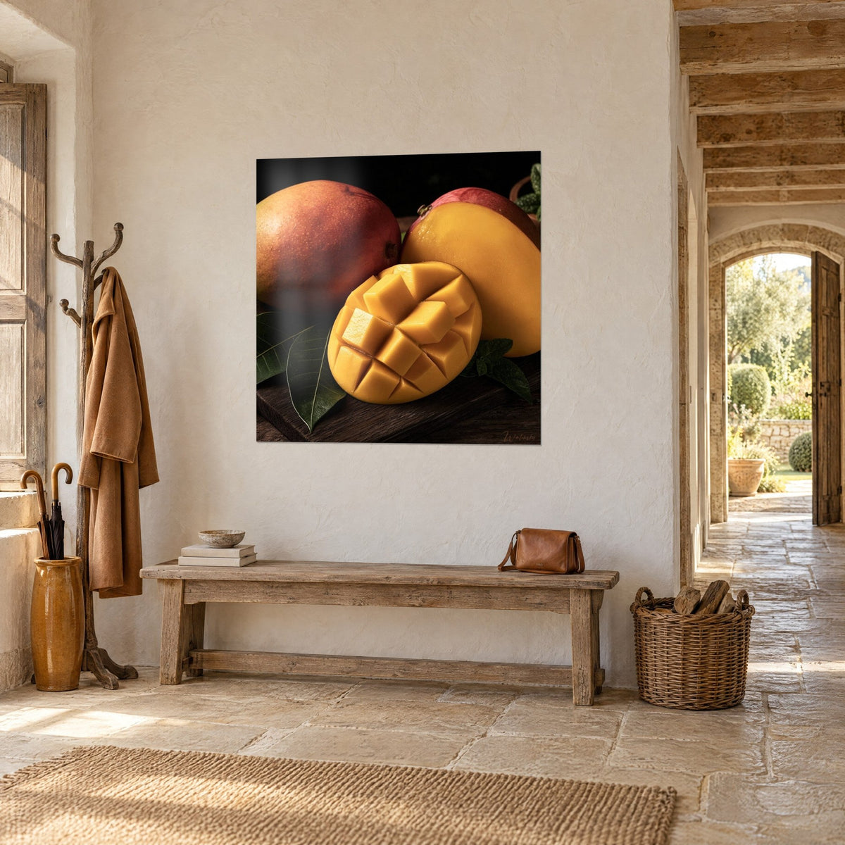 Tableau fruit tropical quadrillé jaune safran et rouge carmin, planche sombre, sur un mur crépi près d'une arche de pierre