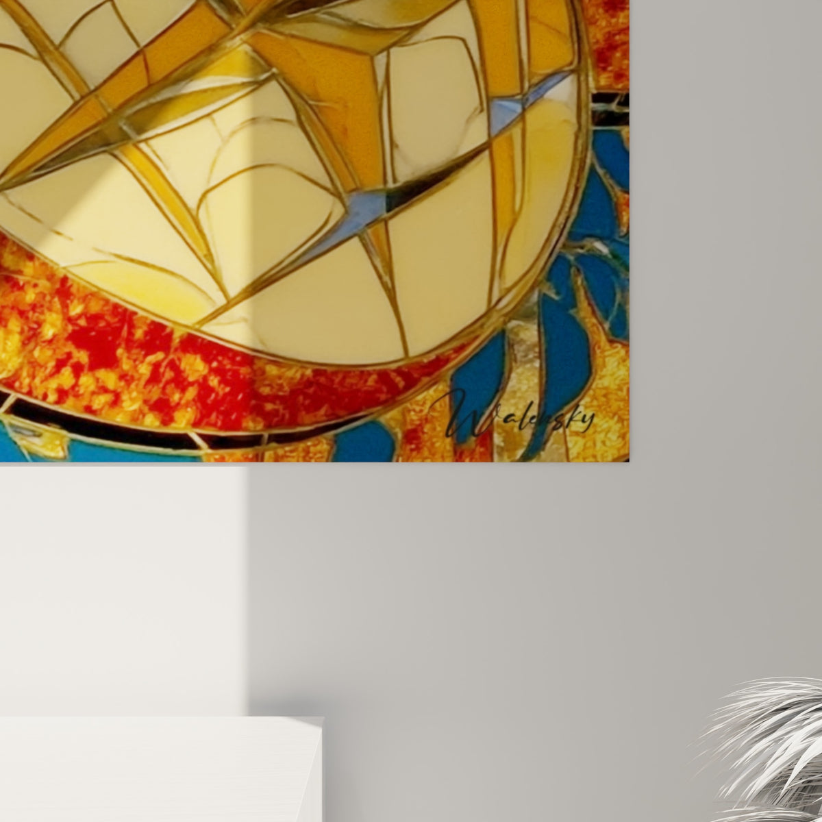 Détail des segments dorés et rouge profond du fruit, traits noirs cernant chaque facette façon mosaïque de verre