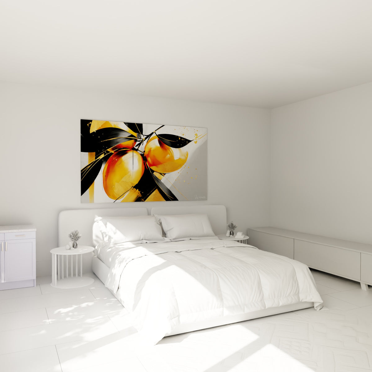 Fruits mangue orange vif et noir profond accrochés au-dessus d'un lit dans une chambre claire