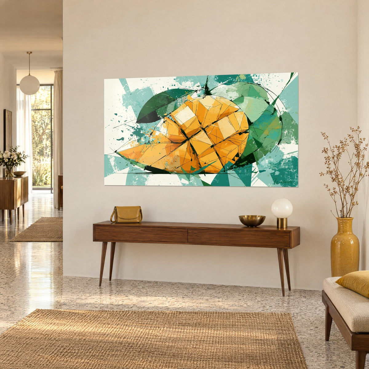 Tableau fruit tropical en damier ambre, taches turquoise et vert tendre sur fond ivoire, posé sur une console en bois, vue de trois-quarts