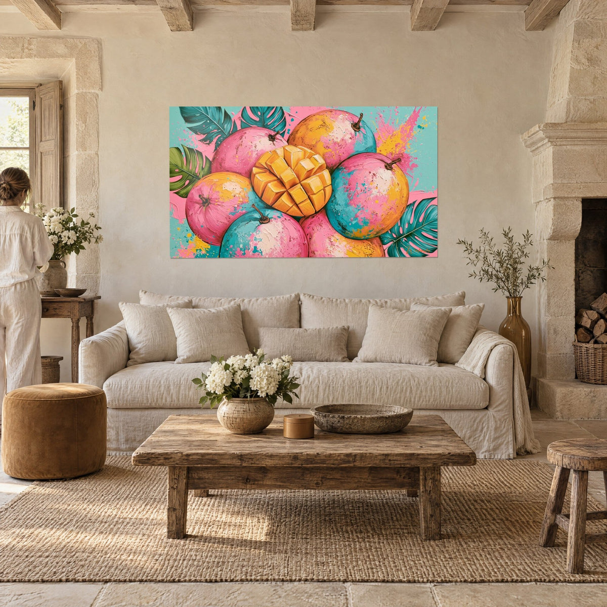 Wall art with pink and turquoise diced mangoes, yellow splashes, a woman seen from behind, above a sofa in a bright living room