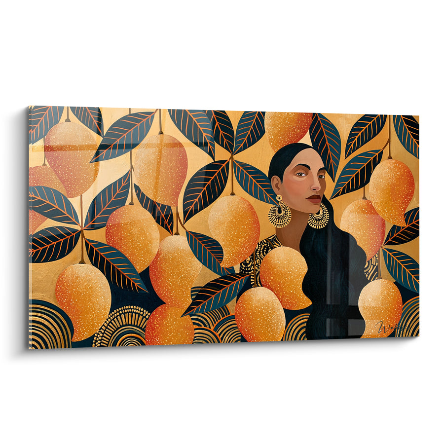 Tableau Femme aux boucles d'oreilles dorées parmi les mangues - Secret du verger - Edition Mangue