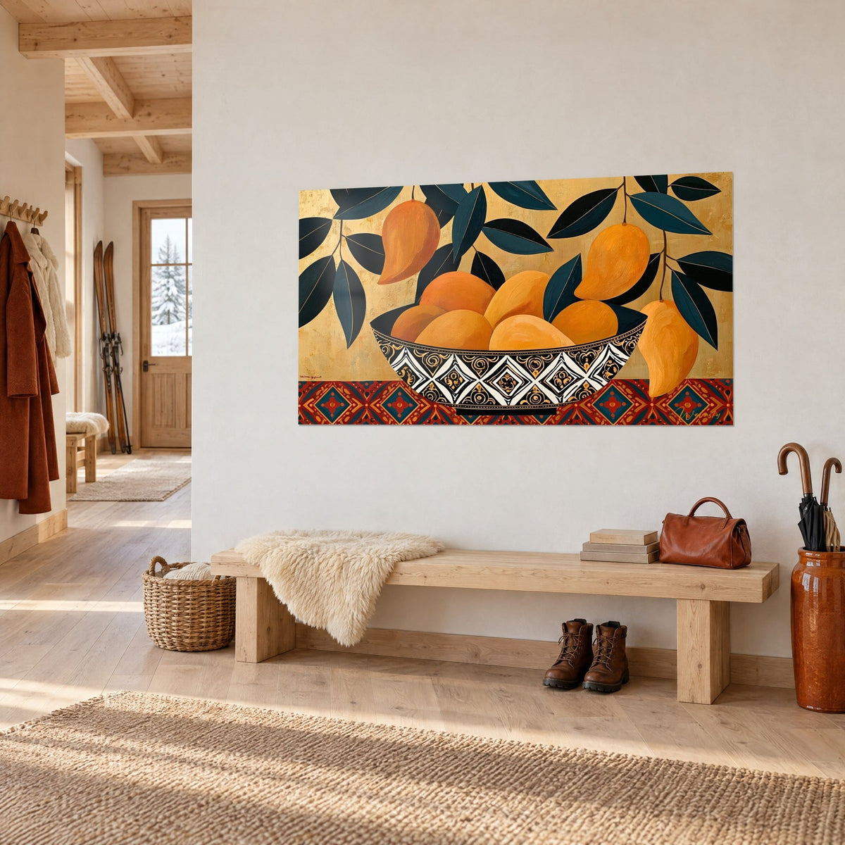 Wall art basket of orange fruit on golden ochre background, embroidered red tablecloth, hung above a chalet-style entryway bench