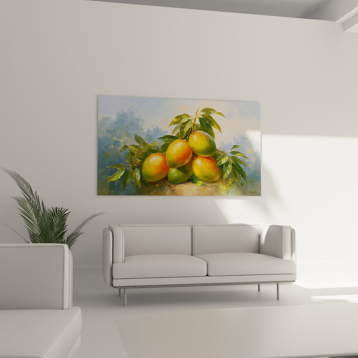 Fruits mûrs orange et vert entourés de feuilles, tableau placé au-dessus d'un canapé dans un salon lumineux