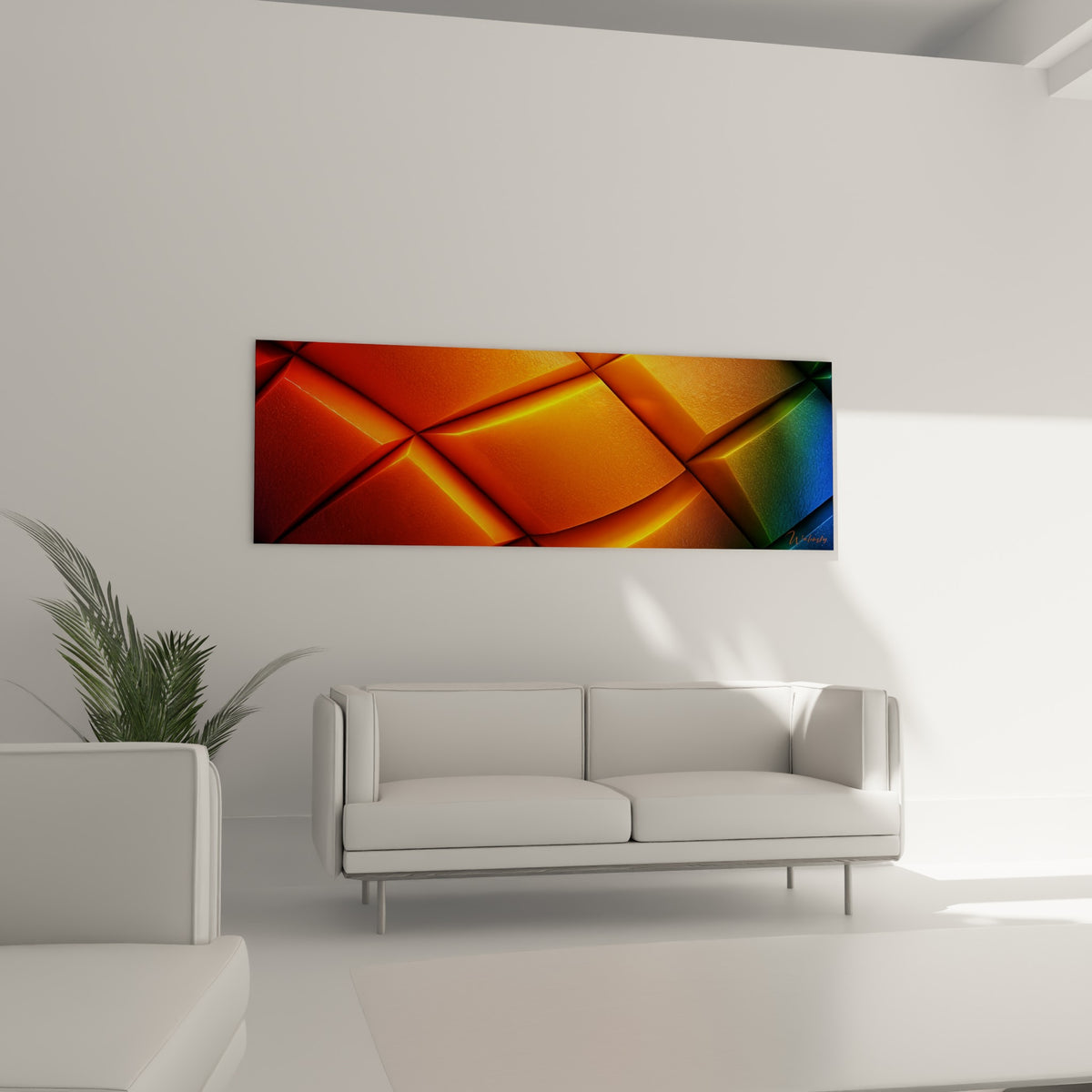 Lignes lumineuses orange et vert sombre structurant ce tableau abstrait, au-dessus d'un canapé dans un salon lumineux.