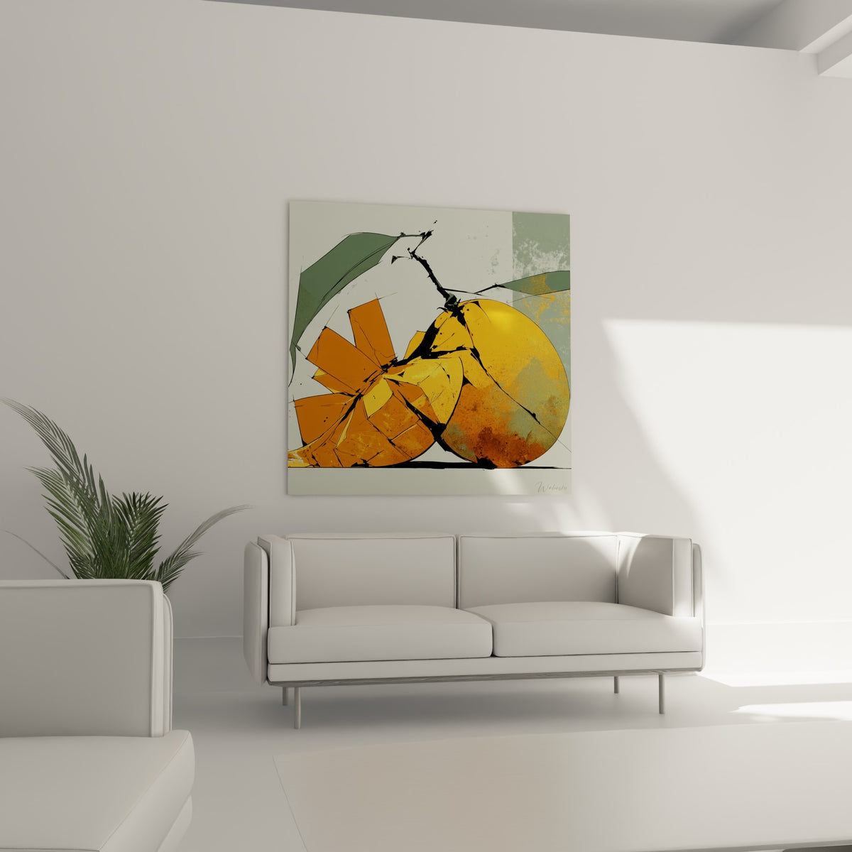 Sphère orange et vert sauge éclatée en fragments noirs, au-dessus d'un canapé dans un salon lumineux
